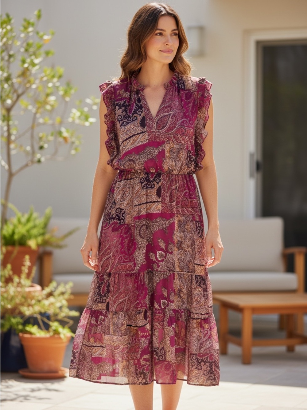 Sandra Darren Berry Paisley Tiered Midi Dress